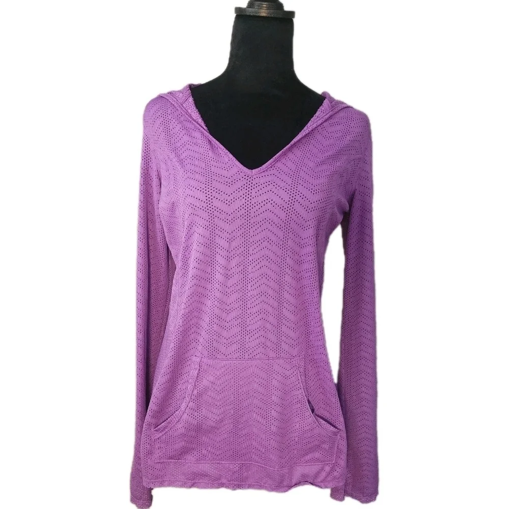 Prana Breathe Hoodie Womens L Purple Perforated V-neck Pocket Long Sleeve Yoga
